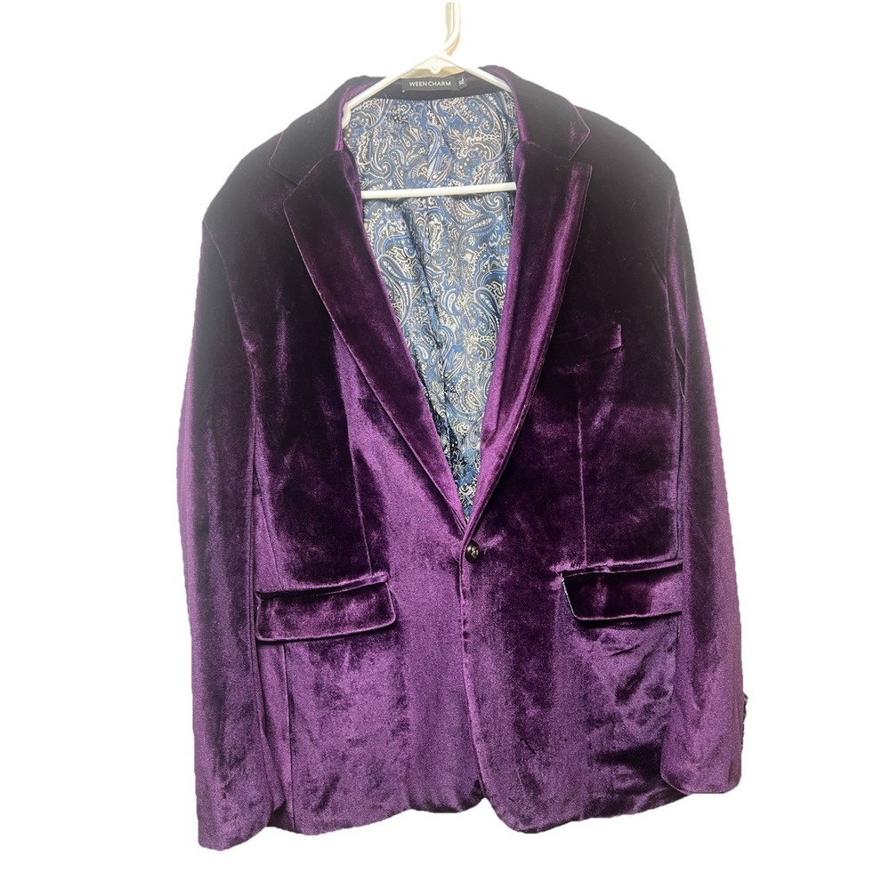 Ween Charm Mens Velvet Sport Coat Purple Paisley Lined Blazer Dinner Jacket XL
